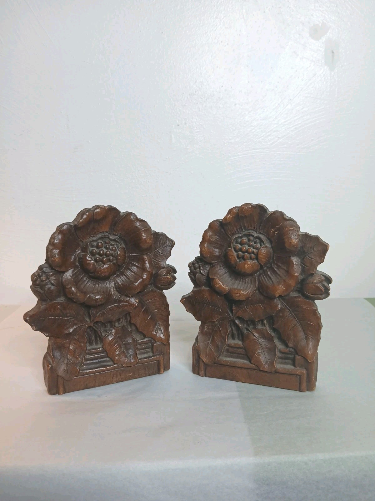 SYROCO Mid Century Faux Wood Floral Bookend PAIR MCM Vintage Magnolia Mcm Book