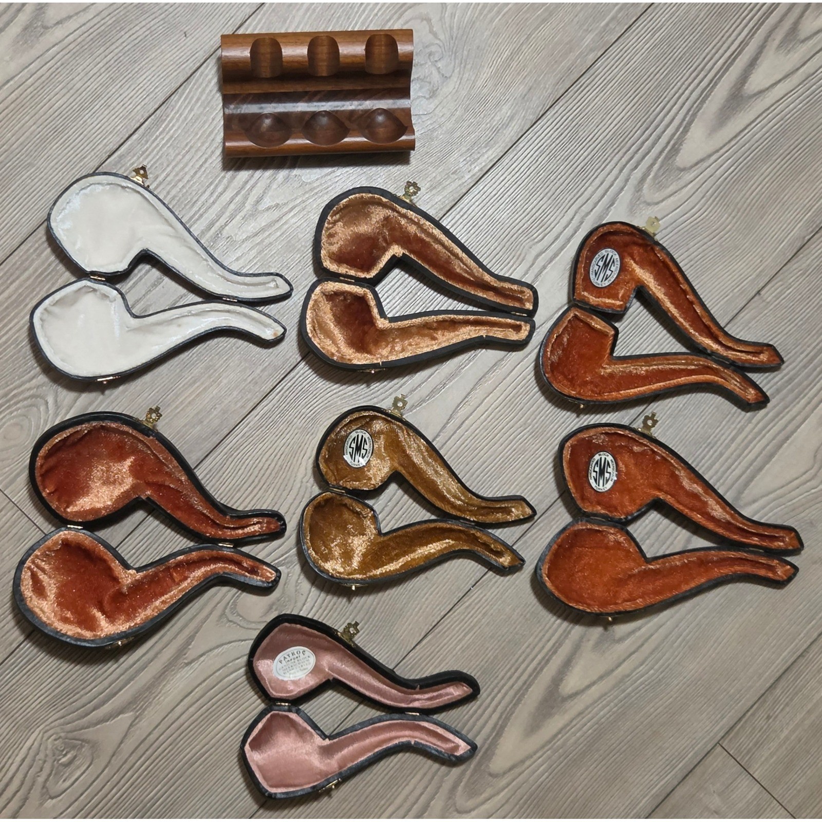 Vintage SMS Meerschaum & Paykoc Pipe Cases Lot of 7 with Wooden Stand Turkey