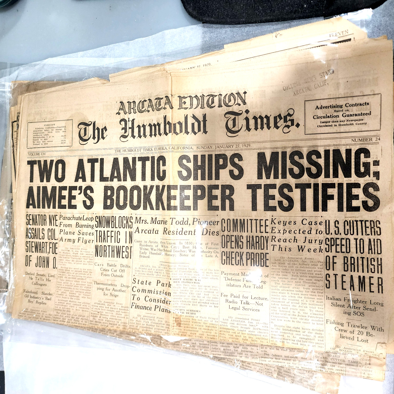 1929 Humboldt Times Newspaper Aimee Semple McPherson Maritime Shipwreck History