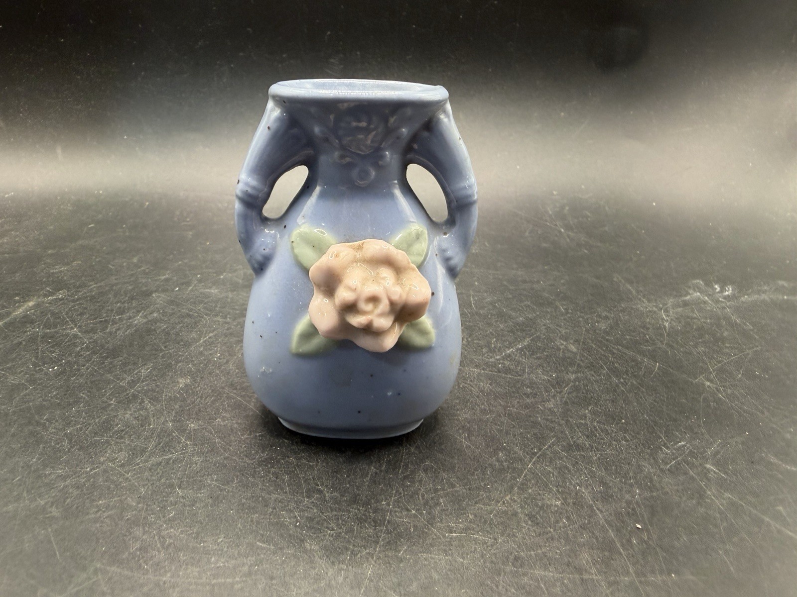 Vintage Occupied Japan Miniature Ceramic Bud Vase Blue Pink Rose 3