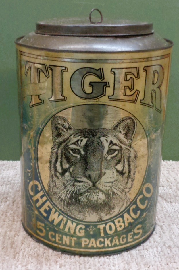 RARE Vintage BLUE TIGER Chewing Tobacco Cylinder Store Tin - 5 Cent Packages RARE Vintage BLUE TIGER Chewing Tobacco Cylinder Store Tin - 5 Cent Packages