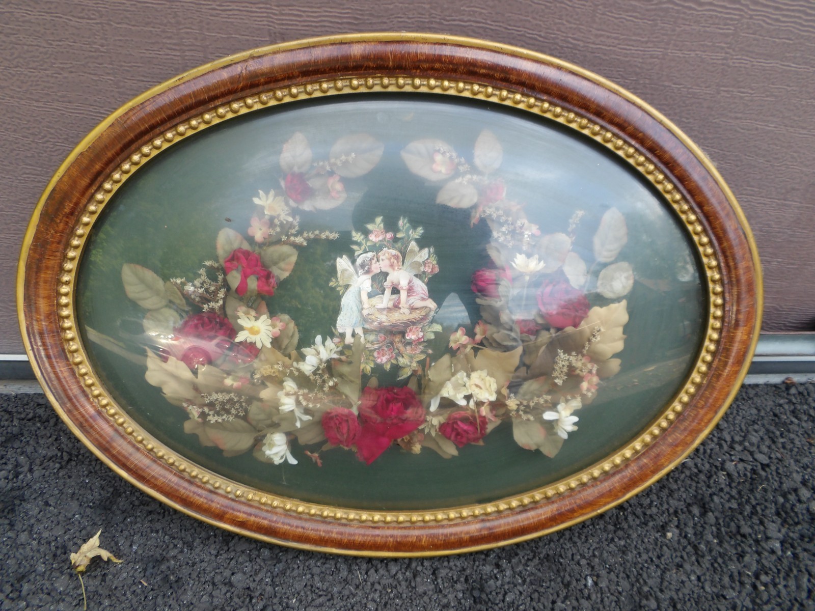 Antique Oval Convex Bubble Glass Picture Frame Dried Flower Cherub Shadowbox