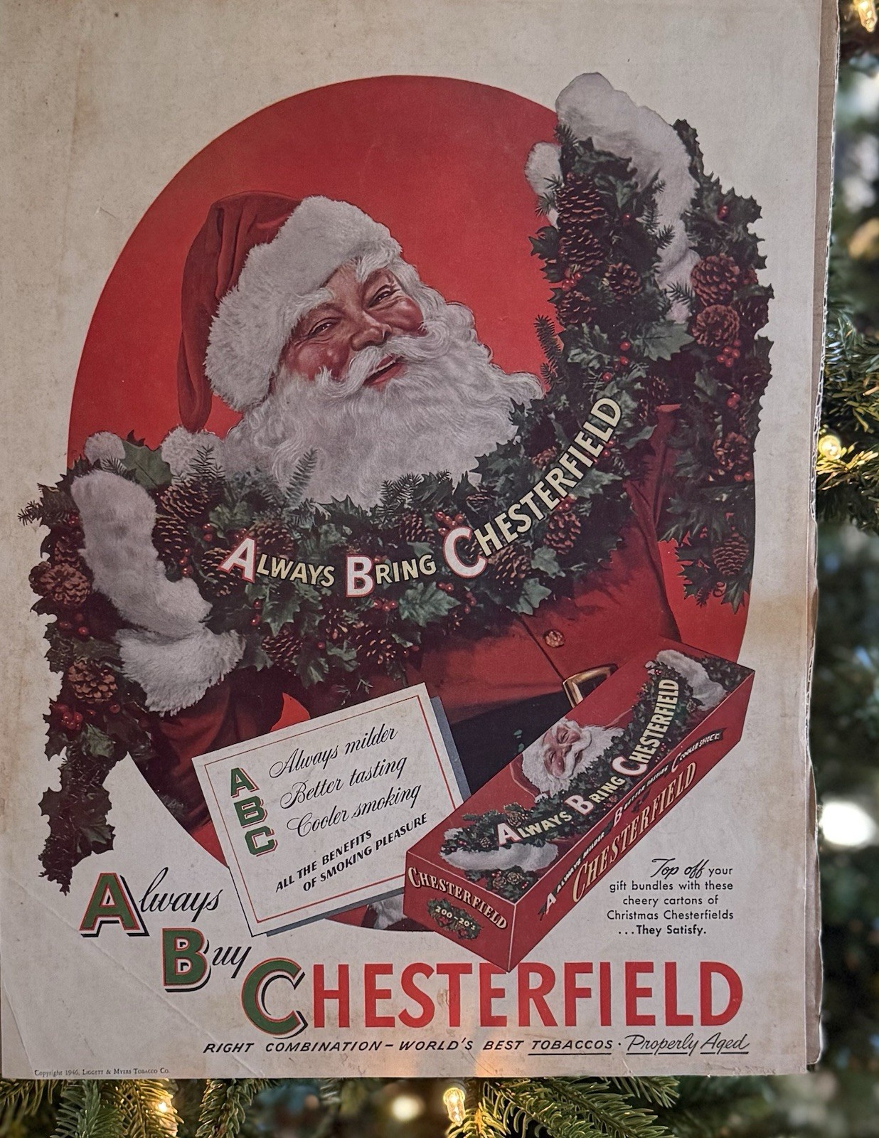 Vintage Christmas Chesterfield Cigarette Ad - ABC Santa 1946