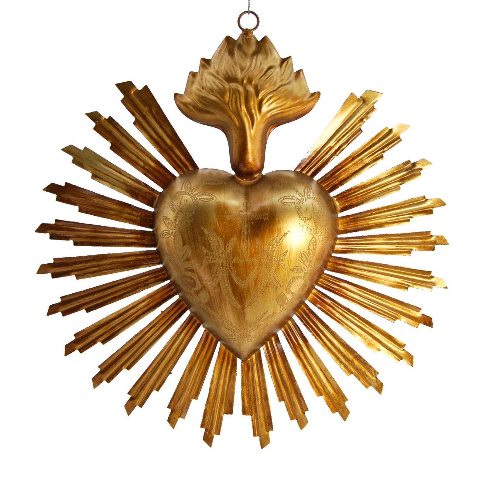 8in Sacred Heart Ex Voto with Sunray Halo, Antiqued Brass Milagro Ornament 8in Sacred Heart Ex Voto with Sunray Halo, Antiqued Brass Milagro Ornament