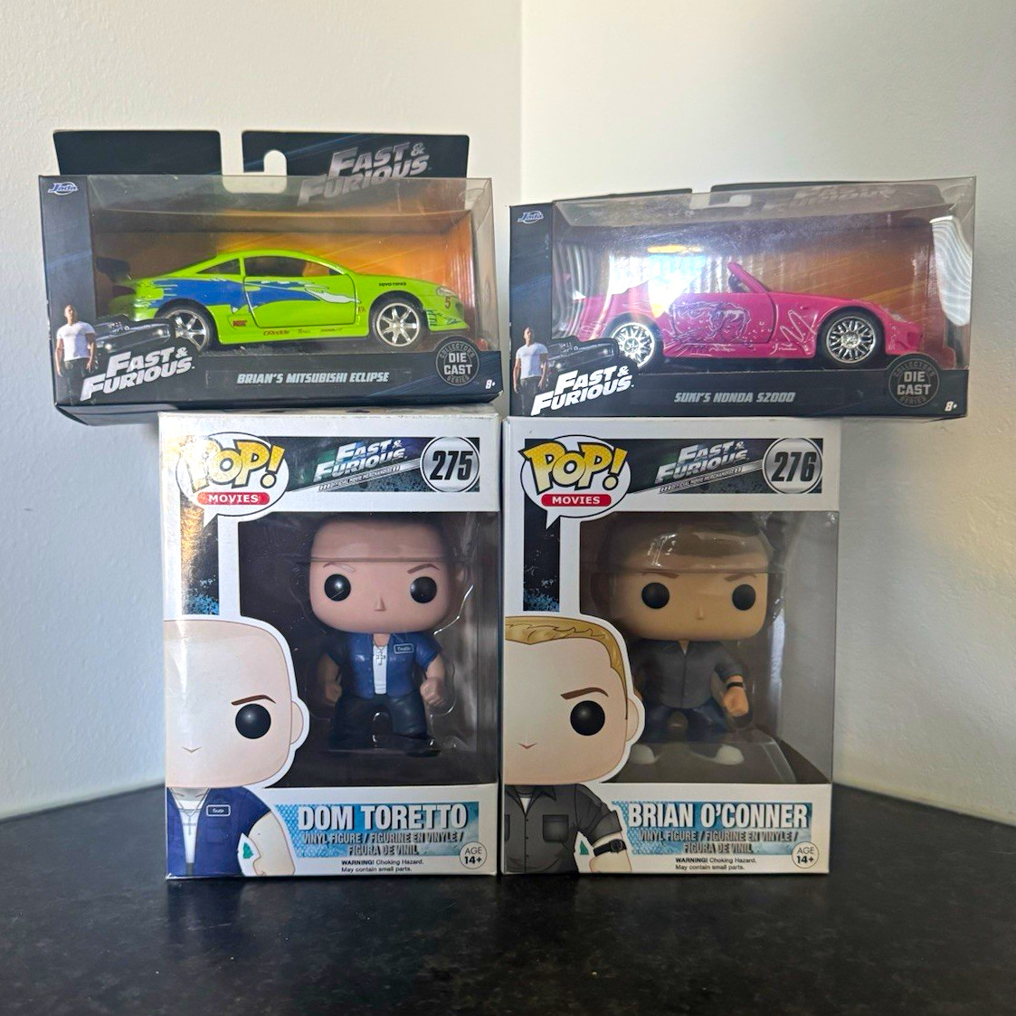 Funko Pop & Jada Toys Fast & Furious Dom 275 Brian 276 Vinyl/Diecast Lot (4)