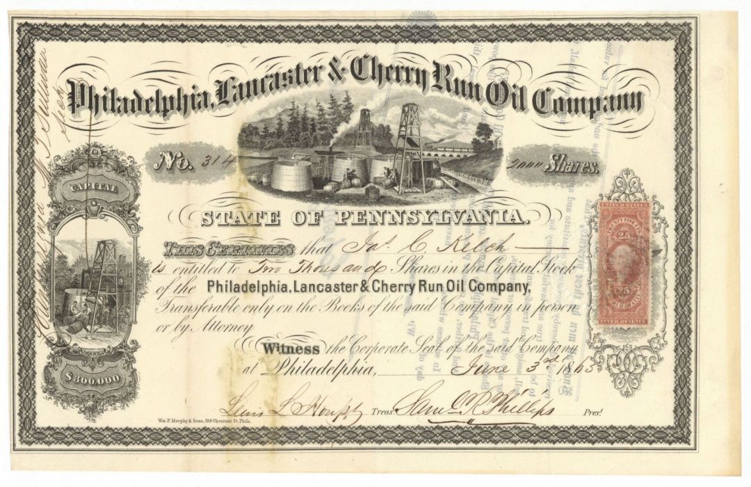 Philadelphia, Lancaster and Cherry Run Oil Co. - Stock Certificate - Oil Stocks 