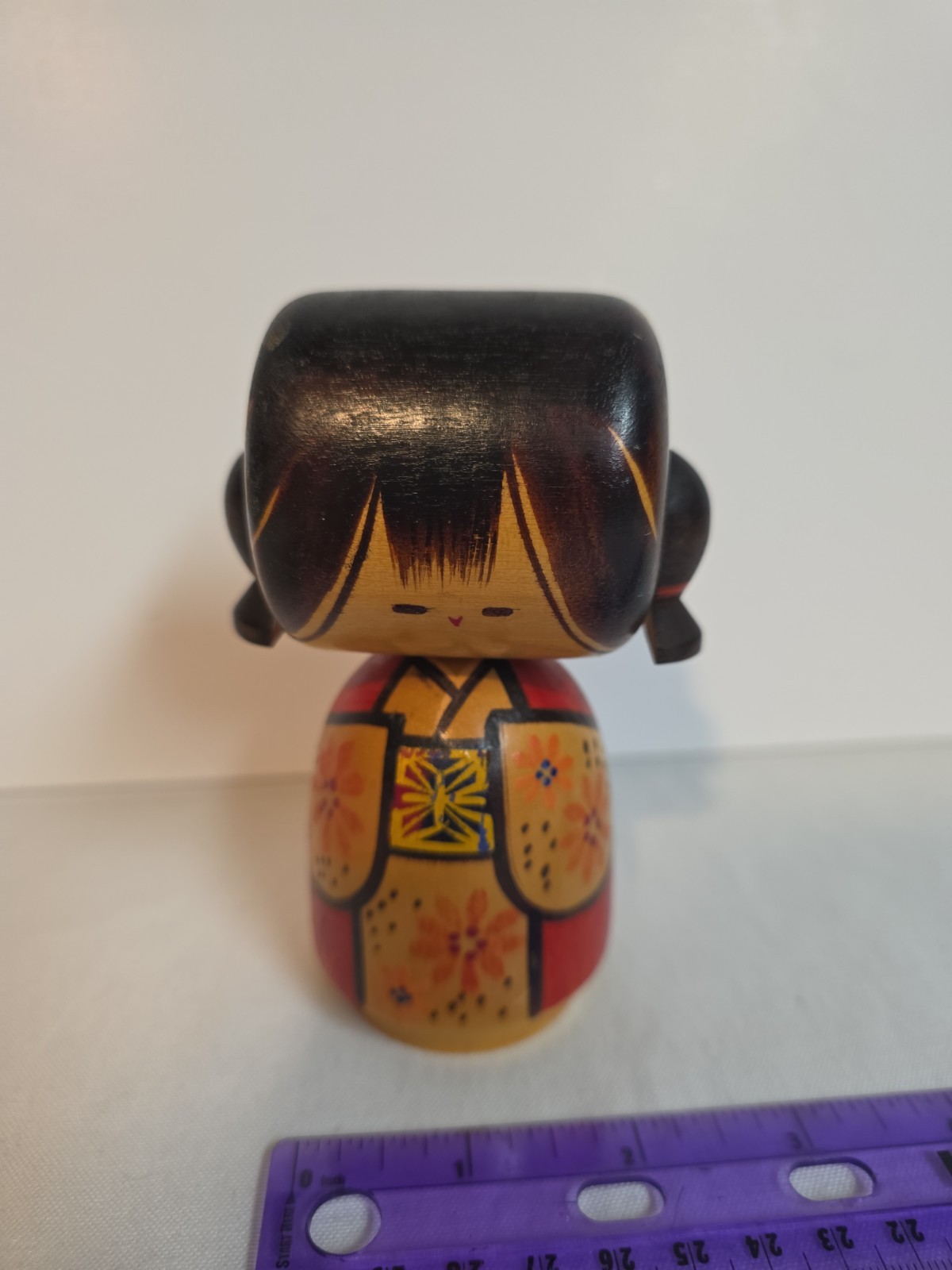 Vintage Japanese Sosaku Kokeshi Wooden Doll Cute Pigtails Floral Red Kimono 5\