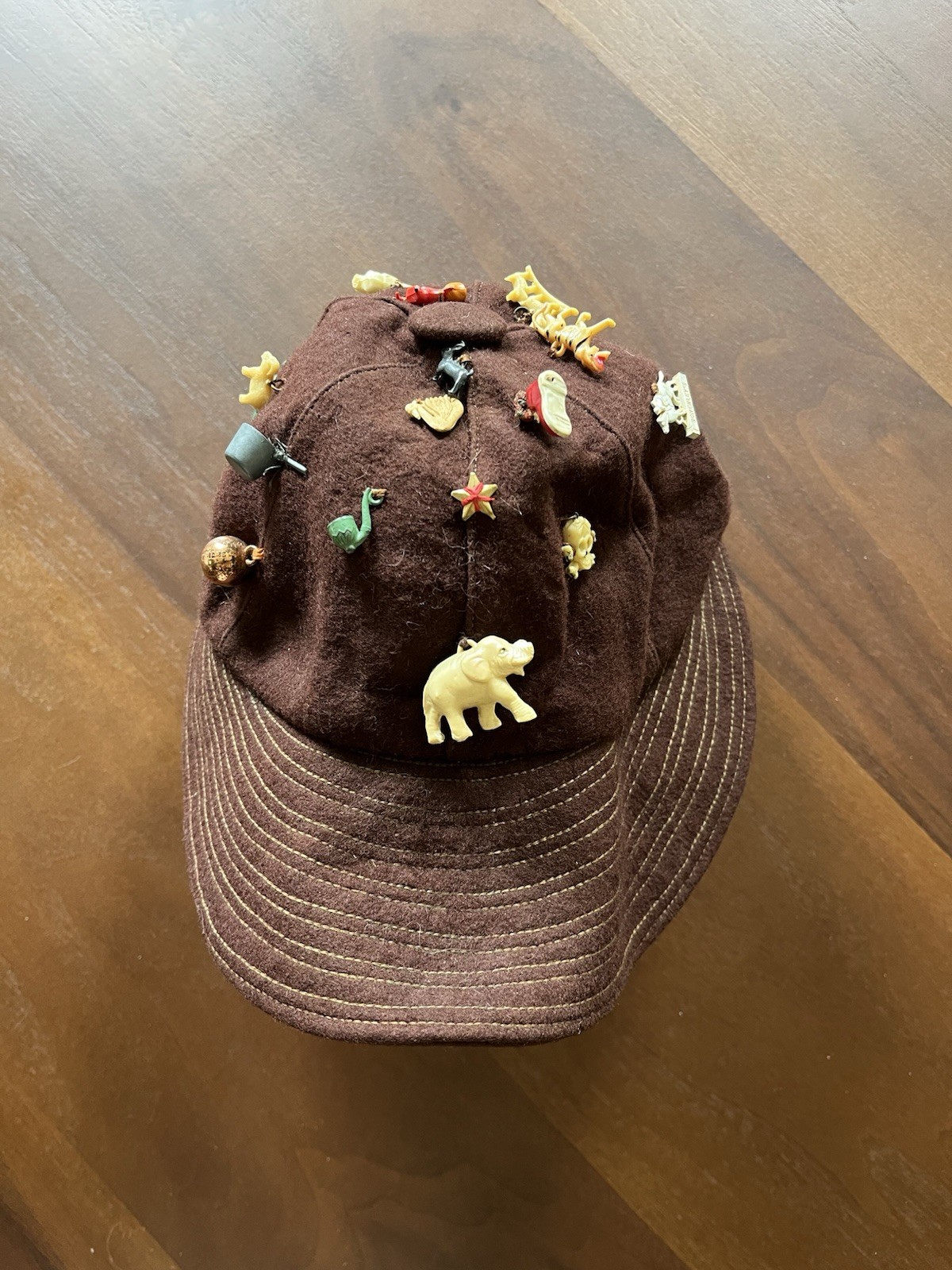 Vintage Cracker Jack Charm Hat Brown Wool 17 Charms 1 Pin
