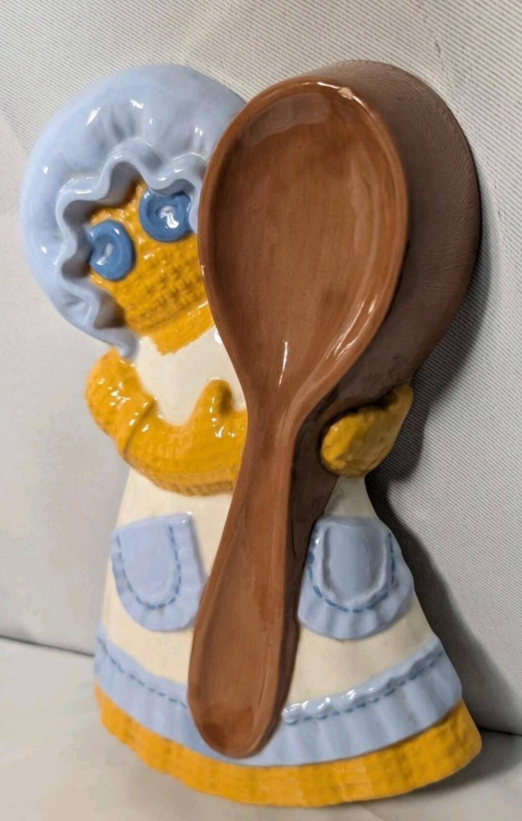 Vintage Hand Painted Ceramic Spoon Rest Burlap Dress Lady Doll Button Eyes
