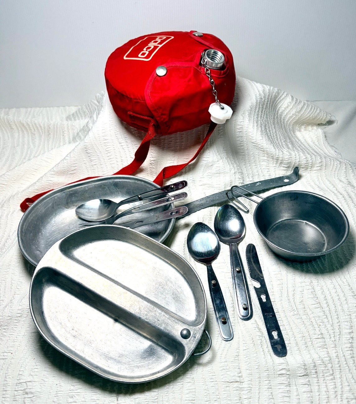 Camping Mess Kit 1945 Boy Scout Aluminum Dishes Utensils Canteen w Cover 