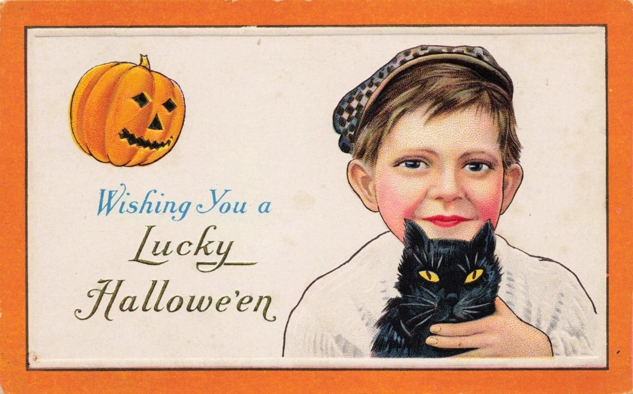 STECHER c1910 EMBOSSED HALLOWEEN POSTCARD 80C YOUNG BOY HOLDS BLACK CAT