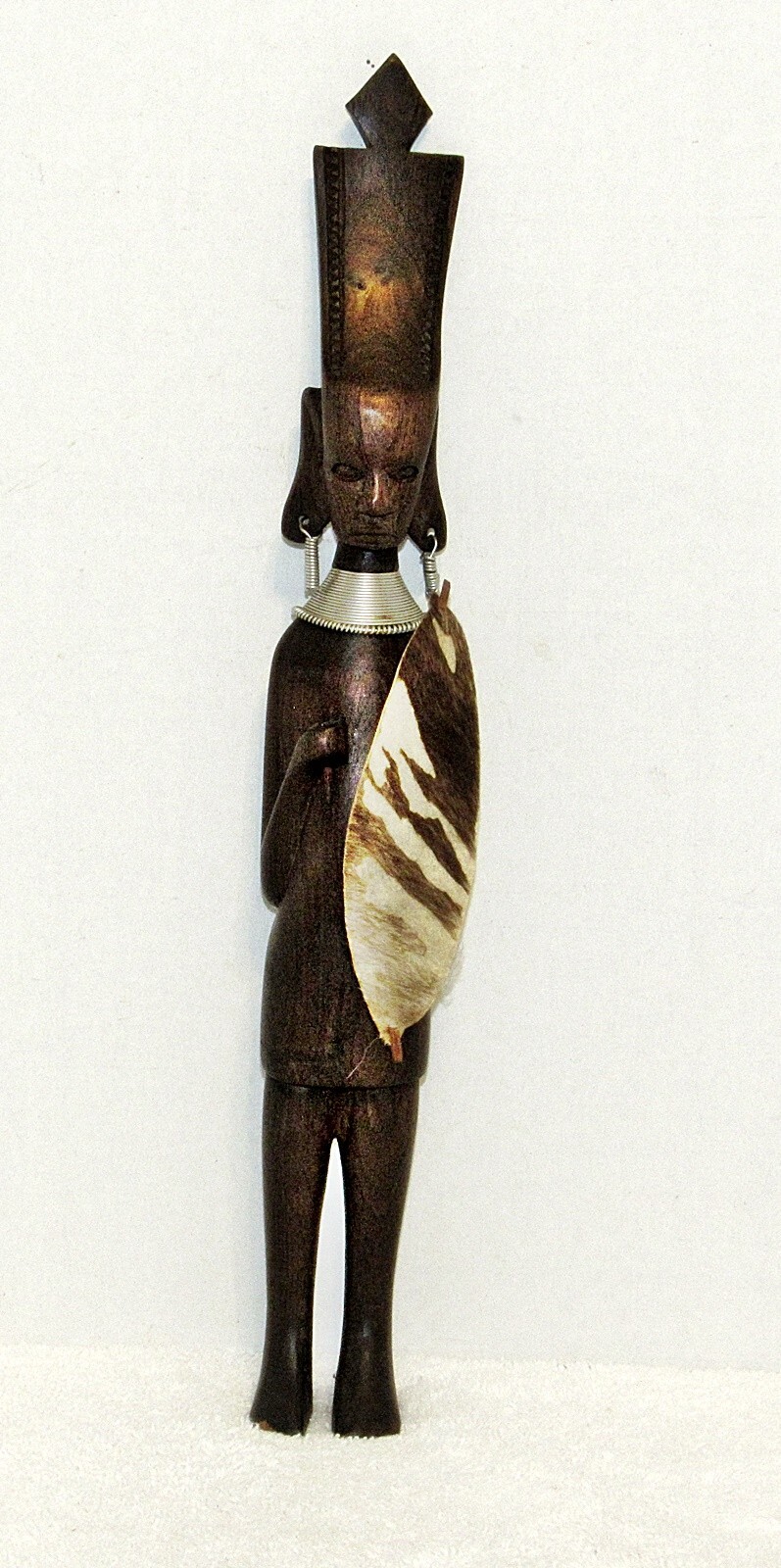 Vintage 15 1/2 Inch Wood Hand Carved Native Woman With Shield & Metal Earrings