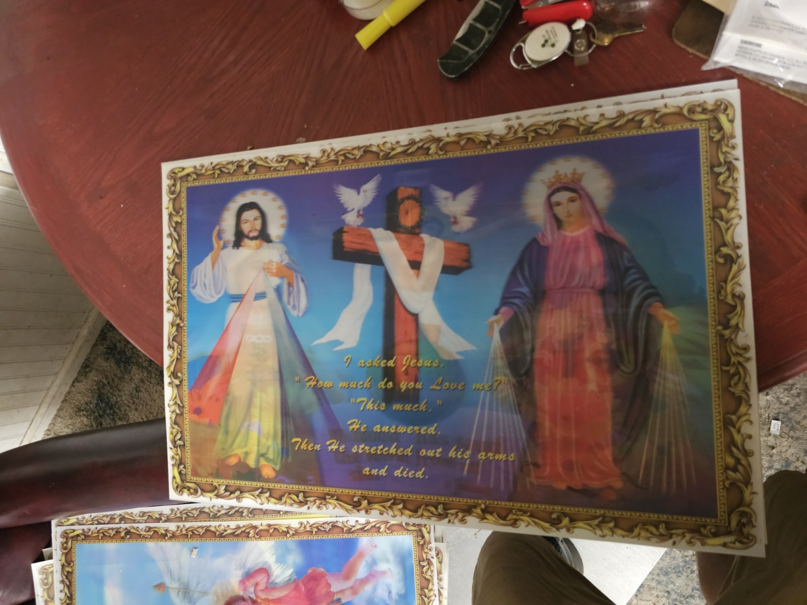 NOS Vintage 3D Lenticular Flip Print Jesus Sacred Heart VirginMary 70s 23x15MINT