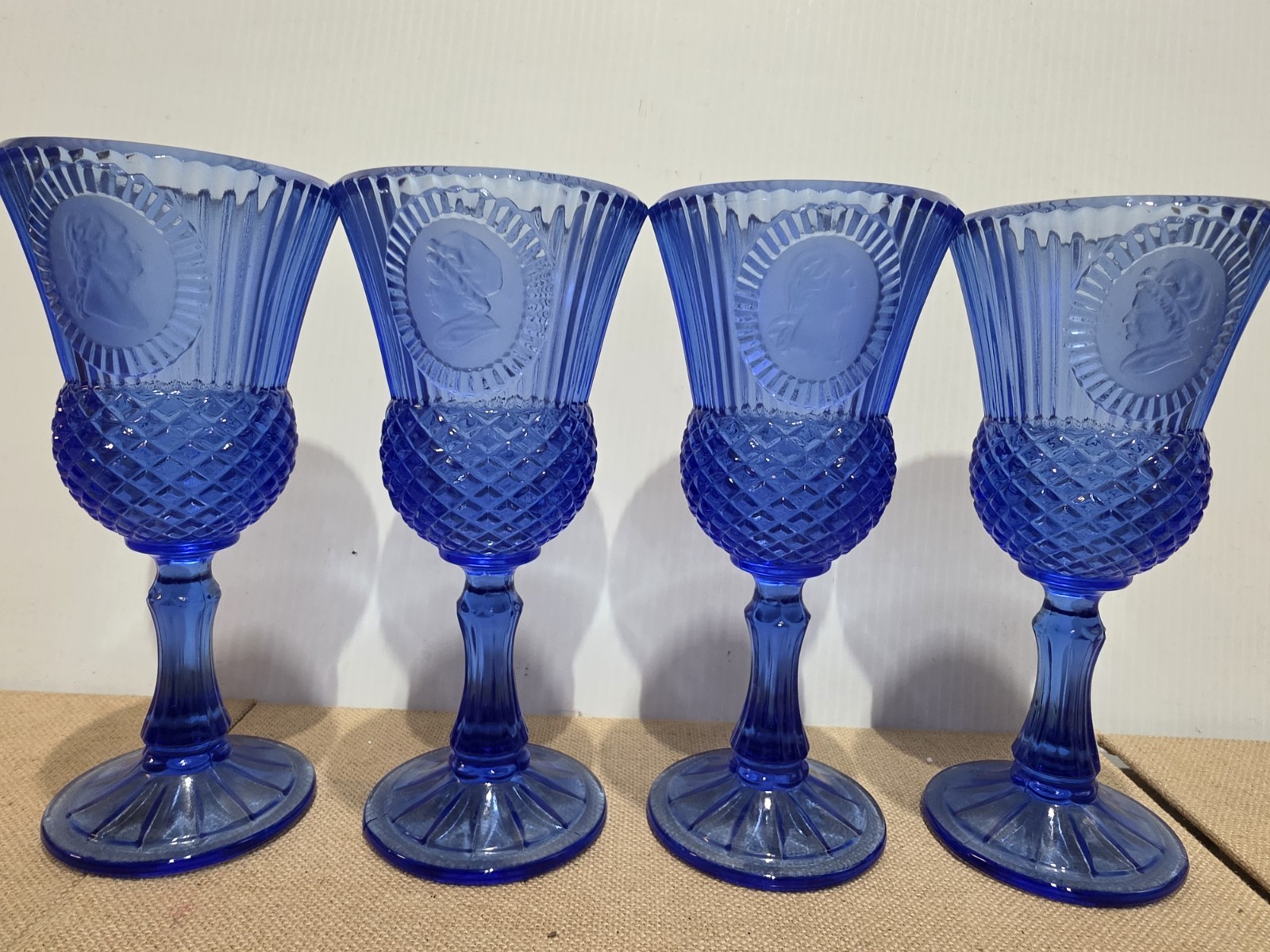 Vtg Avon Fostoria Blue Coalt Goblets George And Martha Washington SET OF 4