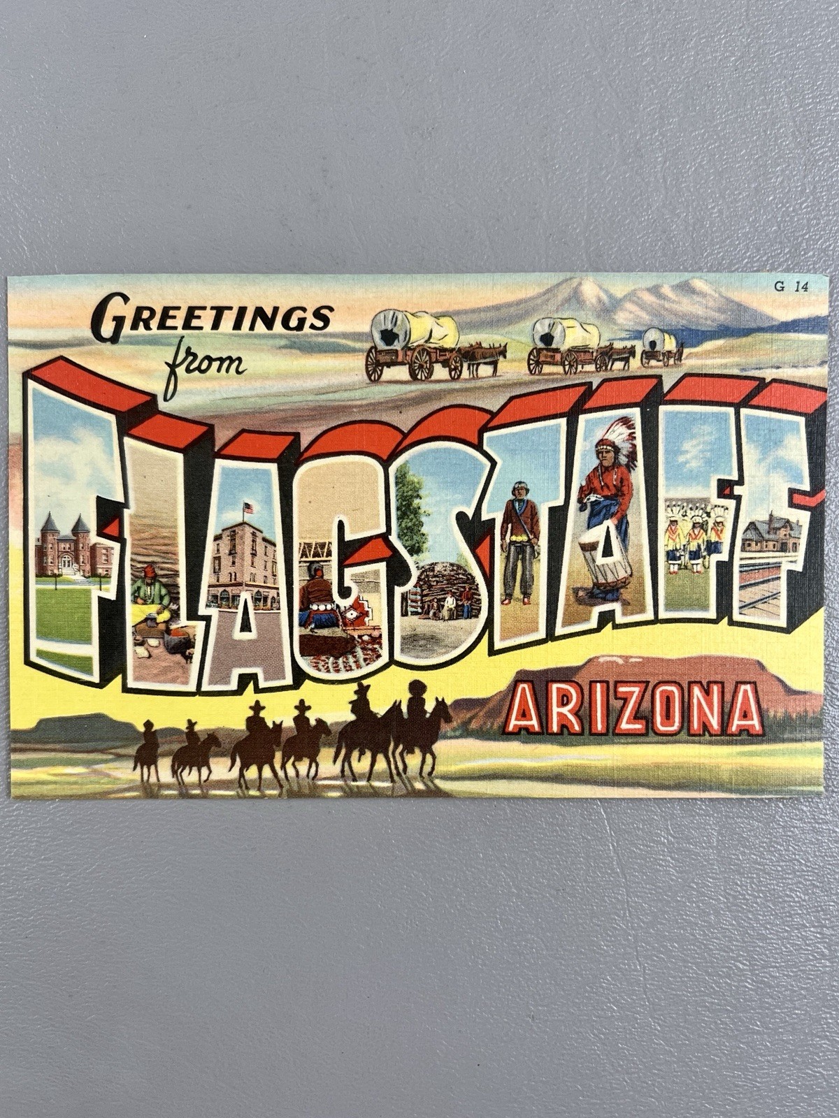 1937 Greetings From Flagstaff Arizona Large Letter Curt Teich Linen Postcard AZ