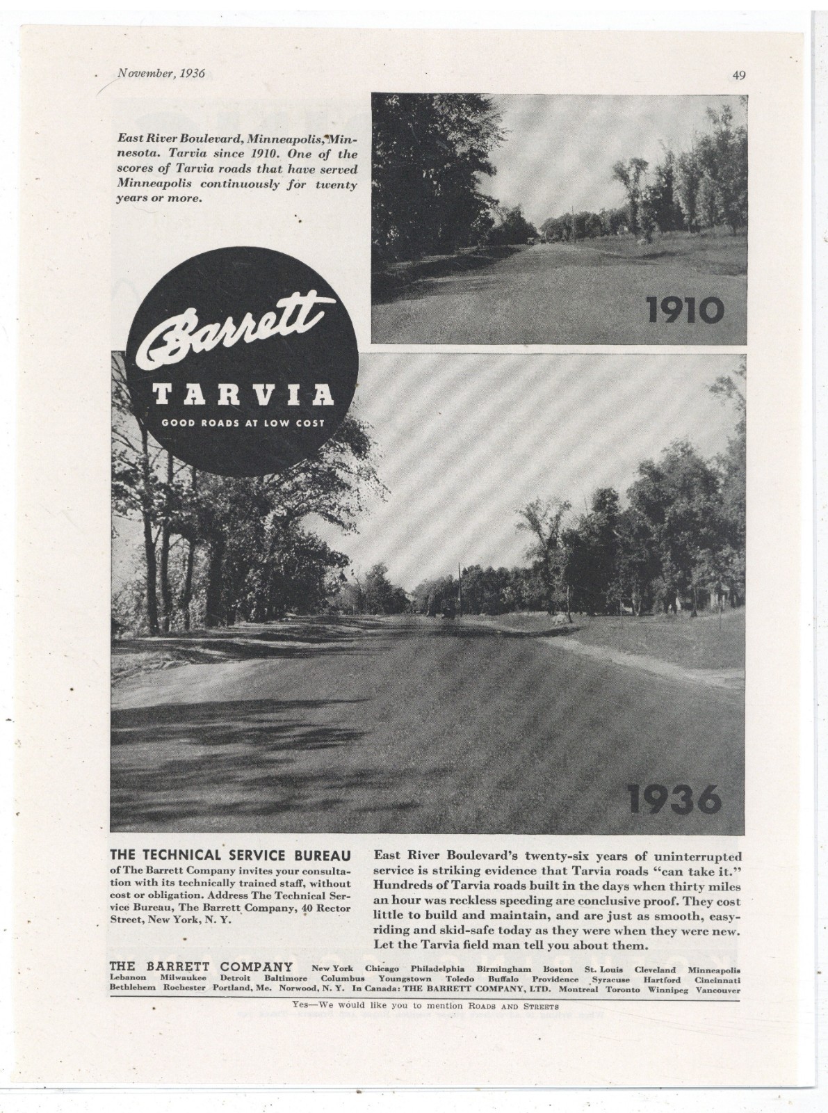 1936 Tarvia Ad: Minneapolis, Minnesota - East River Boulevard 1910 & 1936 Pics