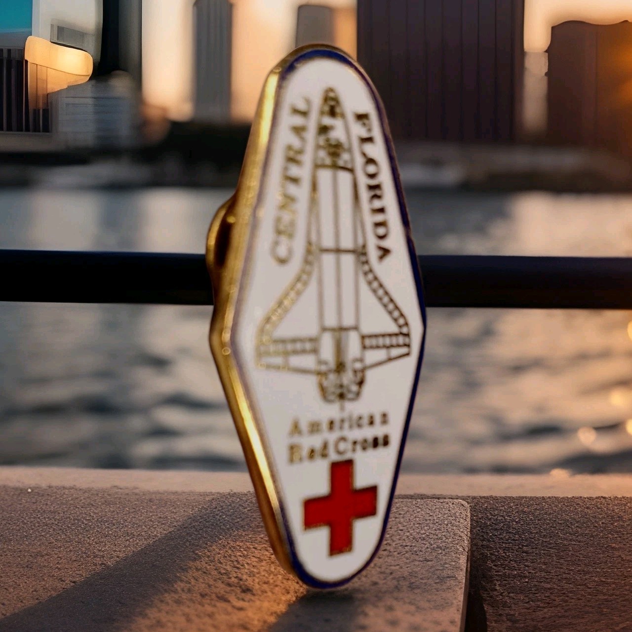 VTG 1986 Red Cross Moon Space Shuttle Pin Florida Central Hat Lapel Pin Estate 