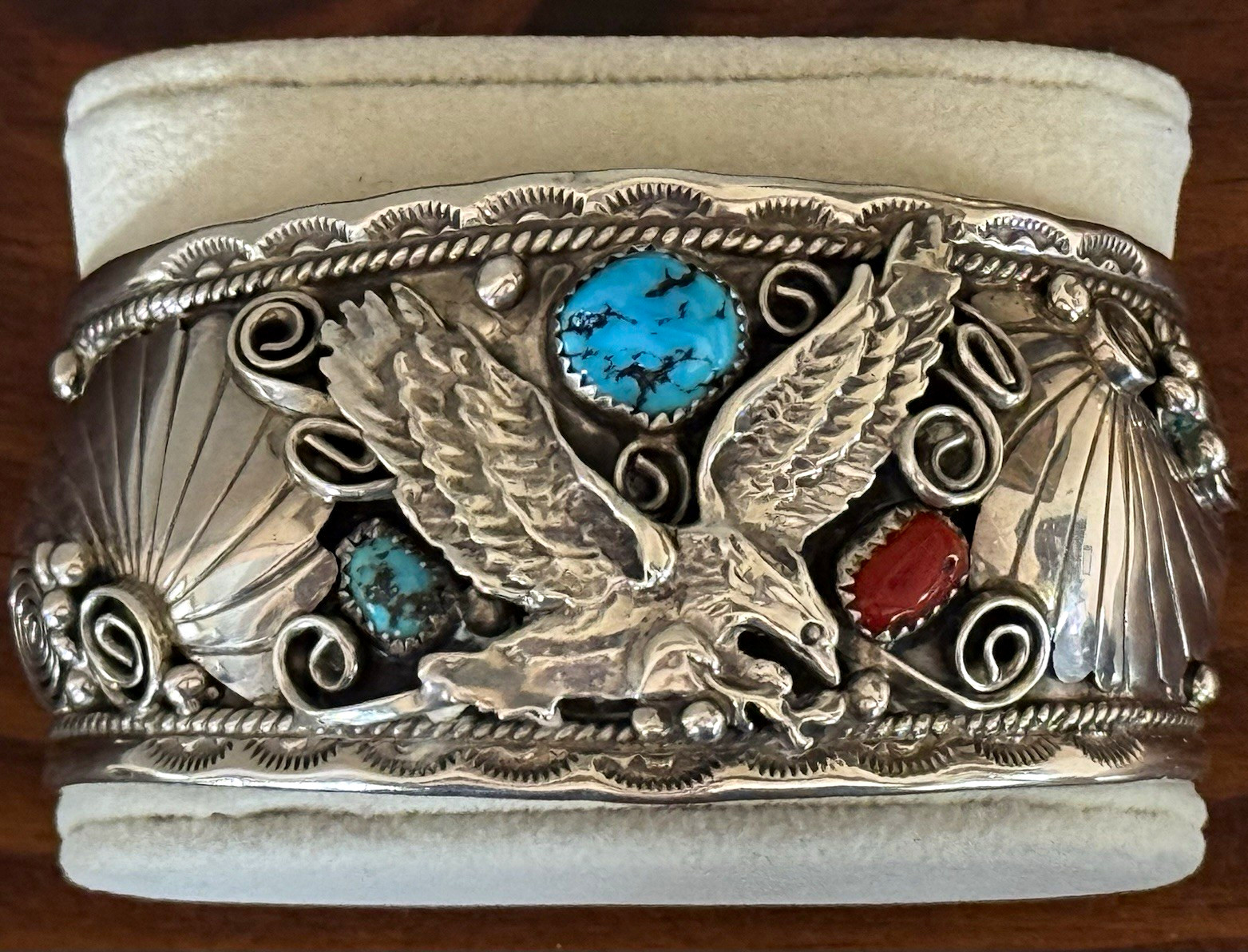 Vintage Allen Chee Navajo Turquoise/coral Sterling Silver Eagle Cuff Bracelet