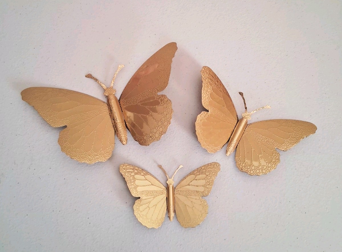 Vtg Set of 3 Homco Brass Butterfly Wall Decor MCM Gold Metal Hanging Art 