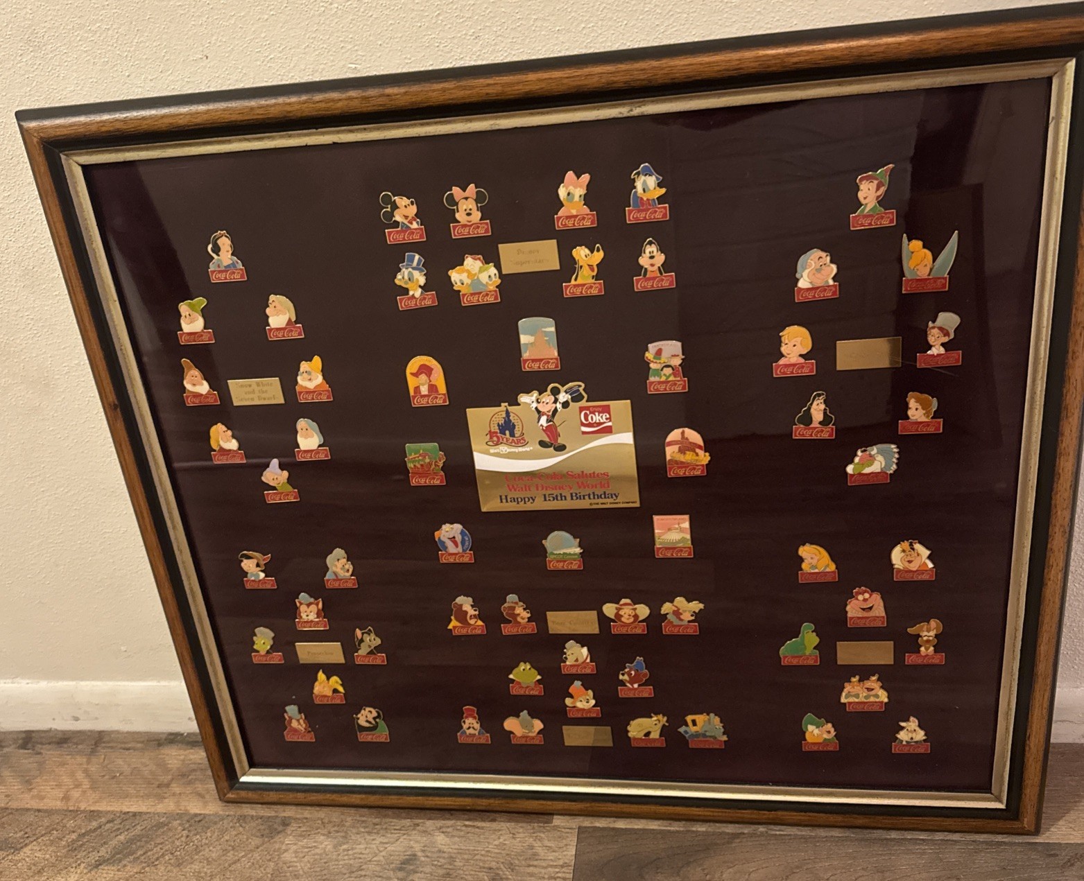 Coca-Cola Salutes Walt Disney World, Happy 15th Birthday, 60-Pin Framed Set VTG