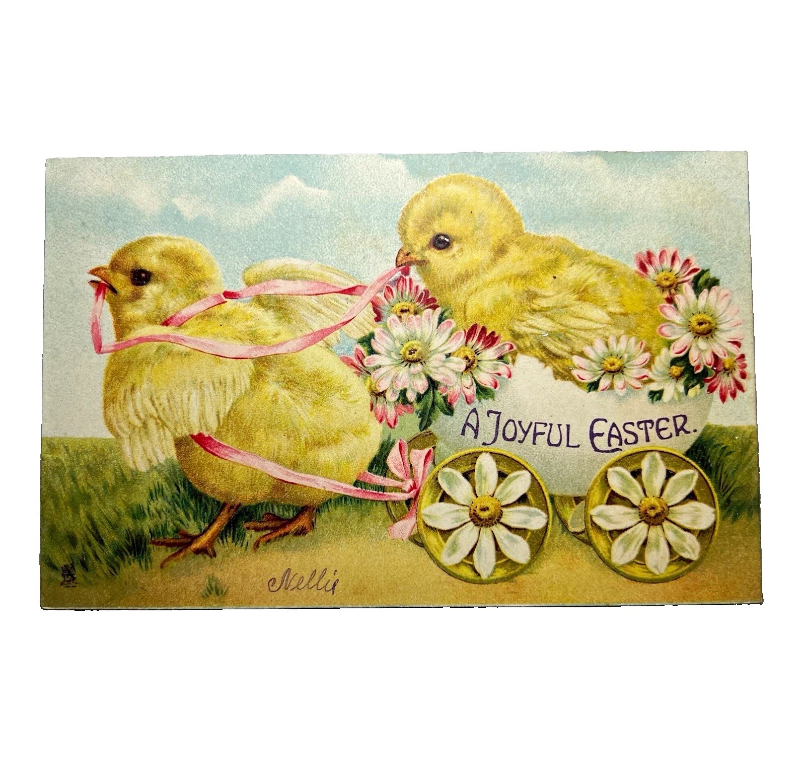 Raphael Tuck & Sons “A Joyful Easter” Chicks Pulling Egg Posted 1907 Divided 