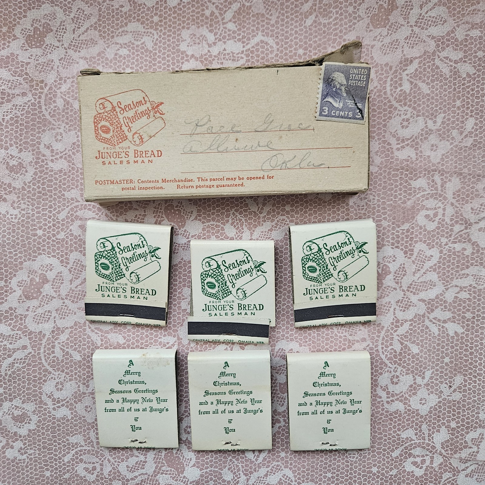 VTG Junge\'s Bread Salesman Gift Season\'s Greetings Matchbooks Advertising