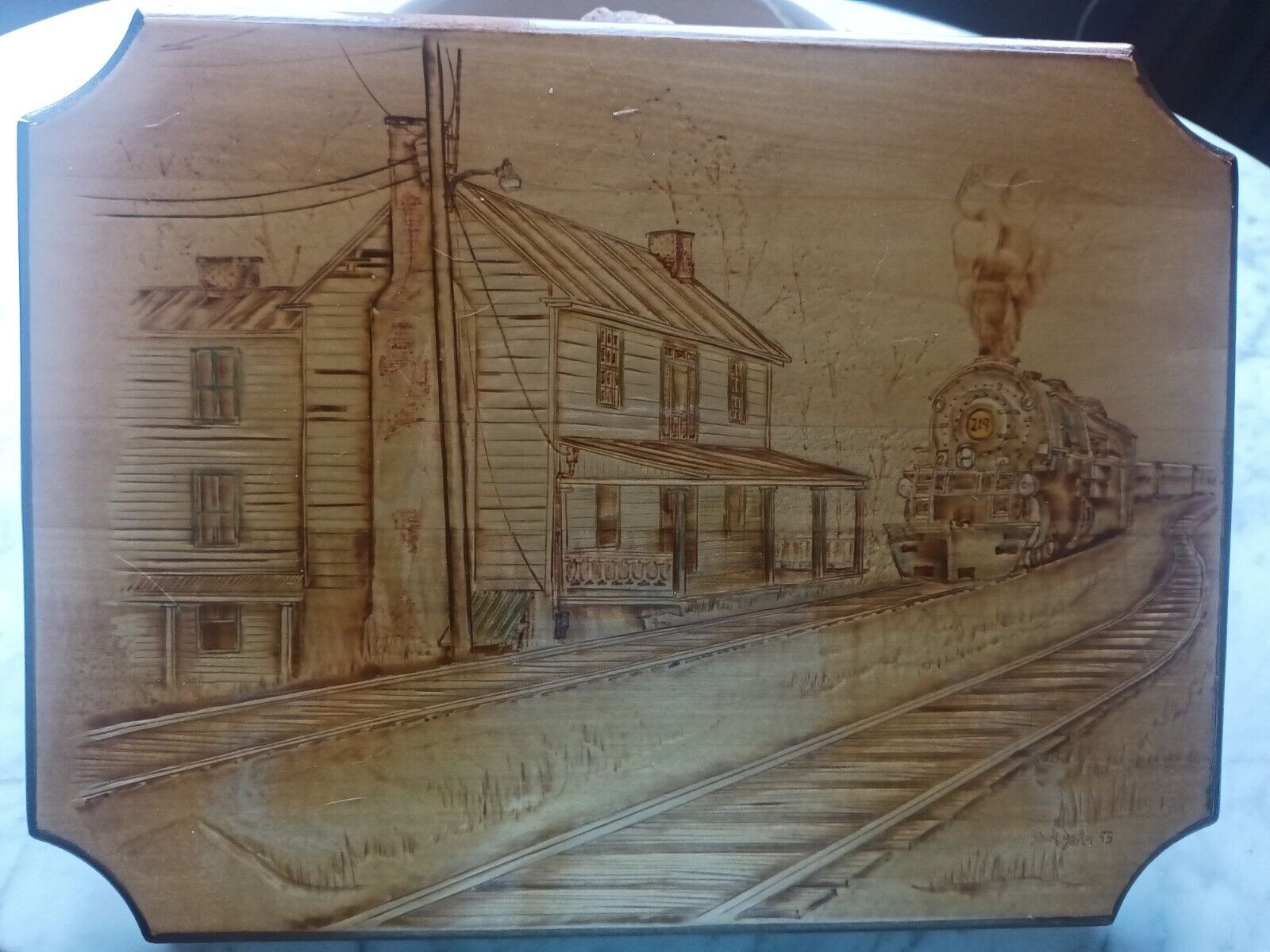 Wood Burning Wall Plaque Train Locomotive Coming Into Station