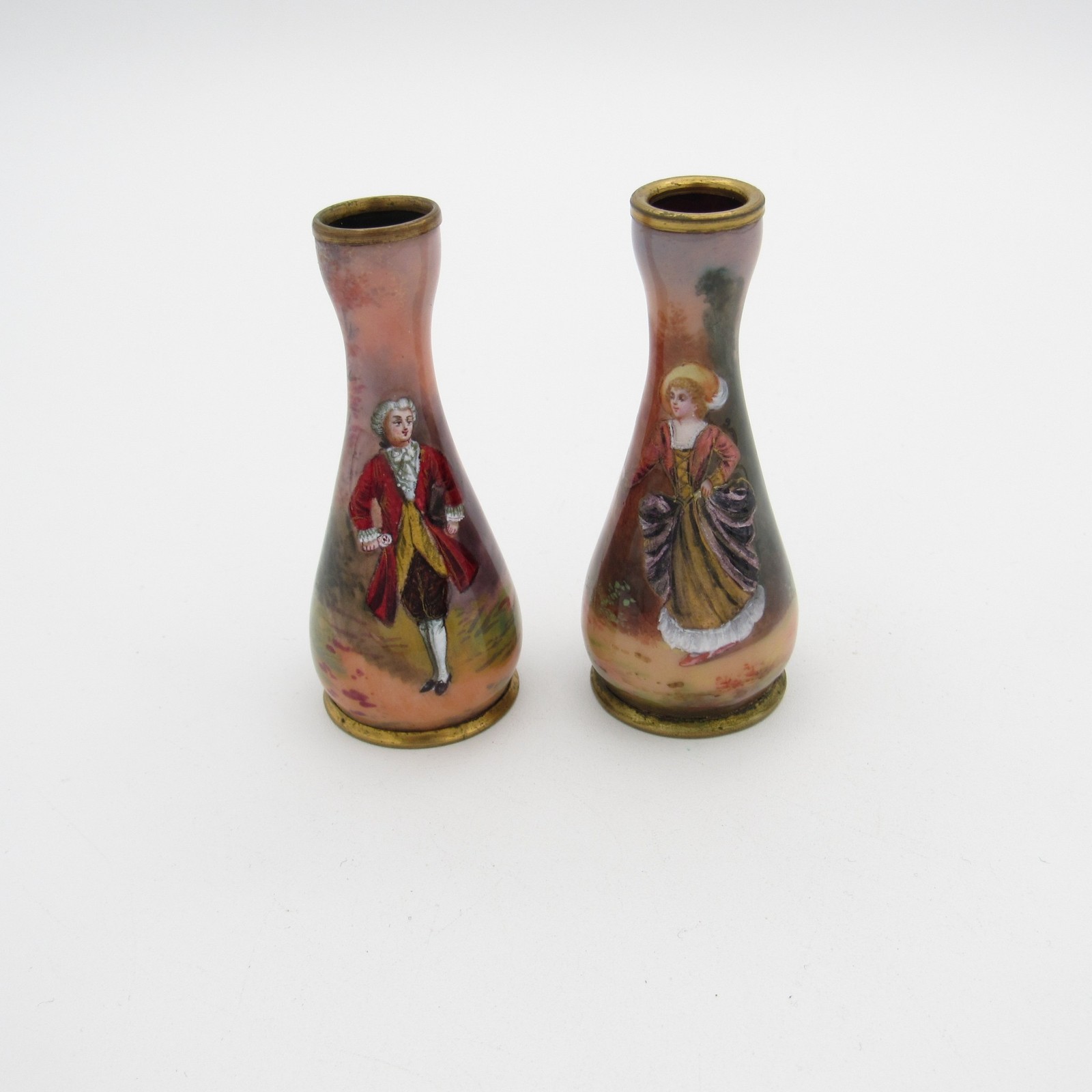 Antique French Pair of Enamel Vases with Man and Woman
