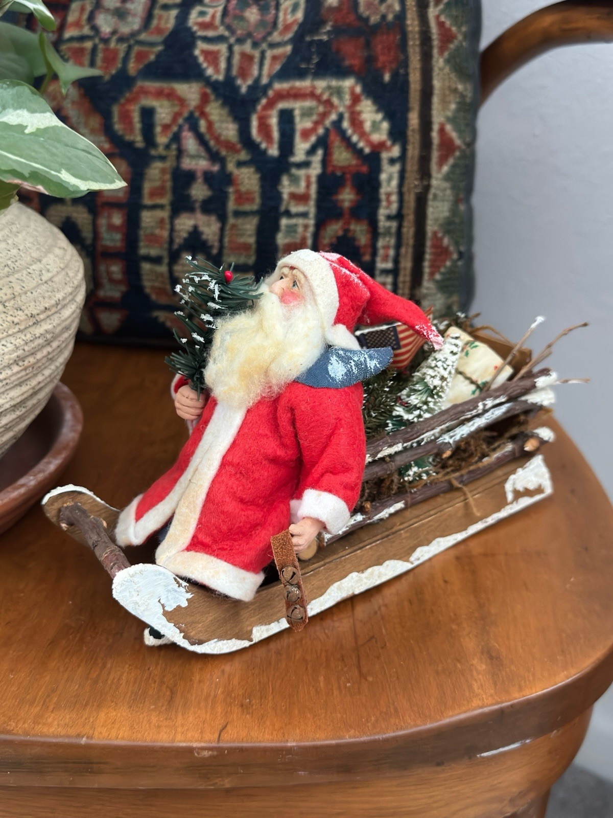Vintage 1992 Connie Krizner German Santa In Sled Figure Primitive Folk Art