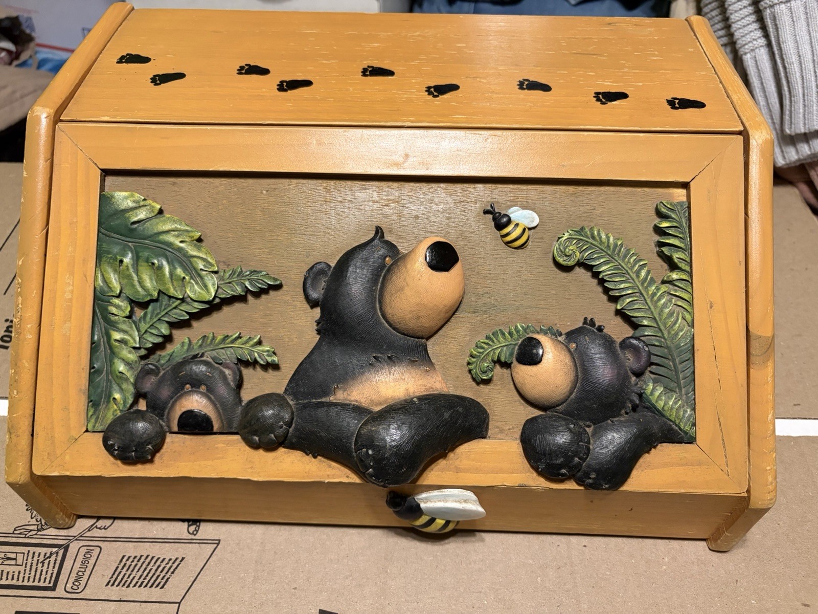 Wooden Rectangle Box w/ Lid Brown Bear Animal Theme Decorative Adult Décor