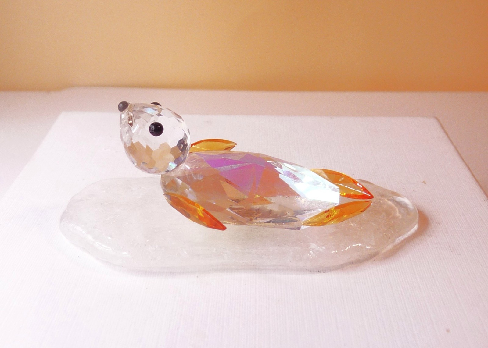 Vintage Iridescent Crystal Seal Pup On Ice Float Figurine
