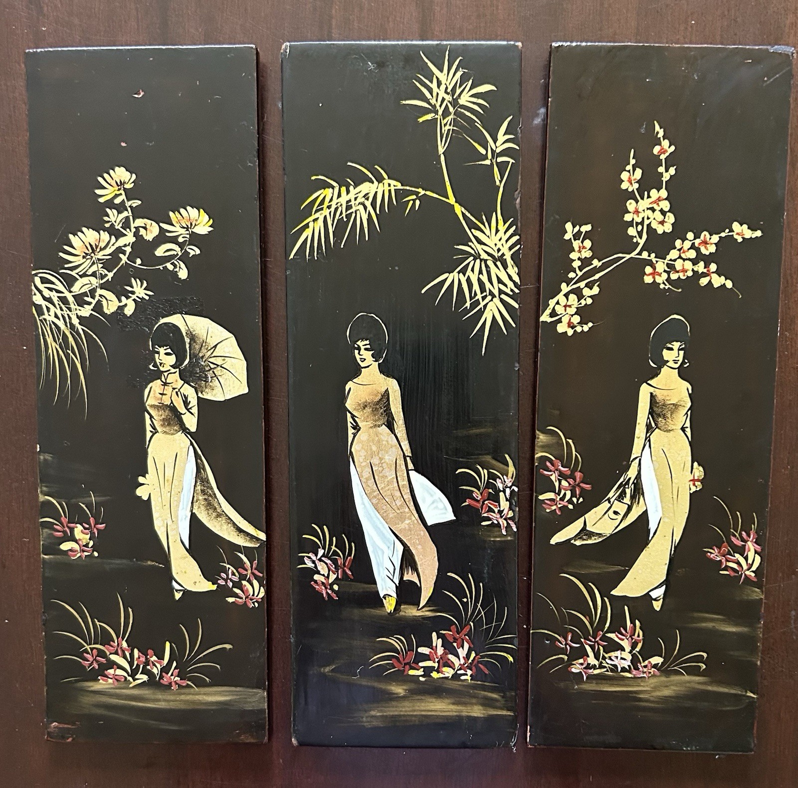 (3) VINTAGE MCM Oriental Asian Black Lacquer Plaques 12”x4” Wall Art (3) VINTAGE MCM Oriental Asian Black Lacquer Plaques 12”x4” Wall Art