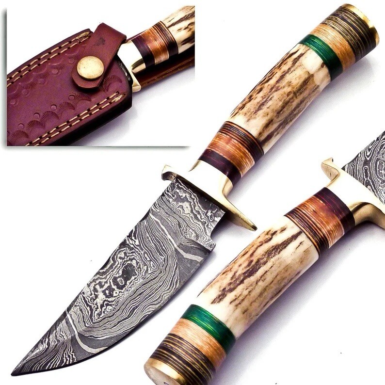 Best Vintage Design Damascus Fix Blade Skinning Knife Stag Antler Handle