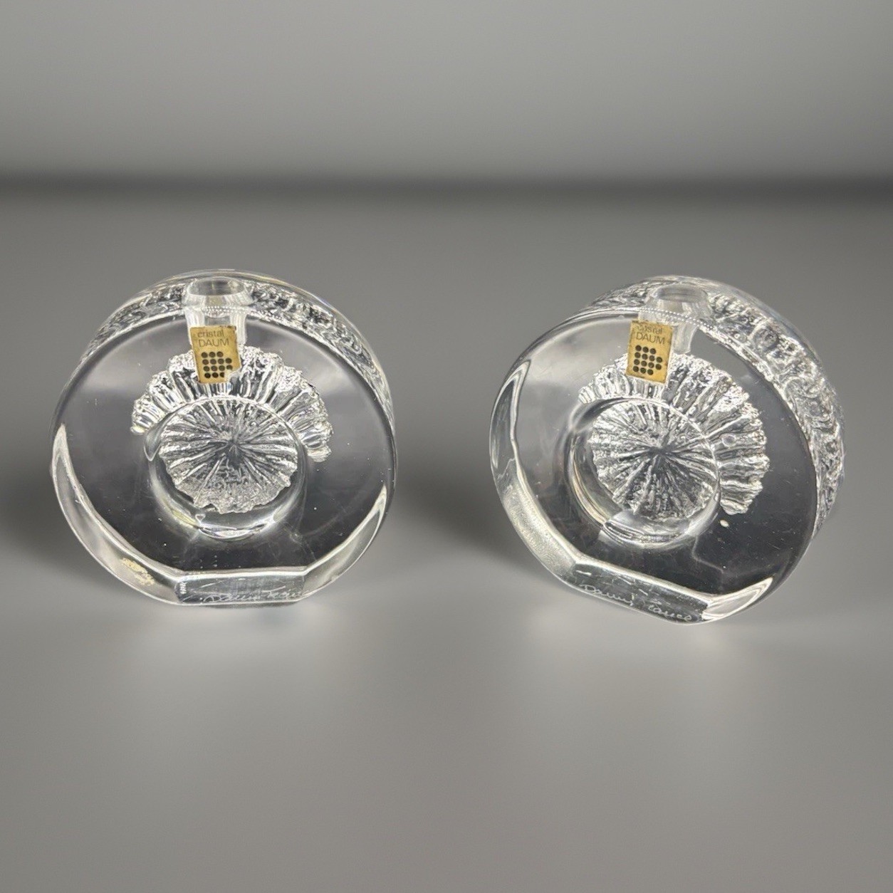Signed Daum Cratere Crystal Glass Set 2 Taper candle holders French Vintage Pair
