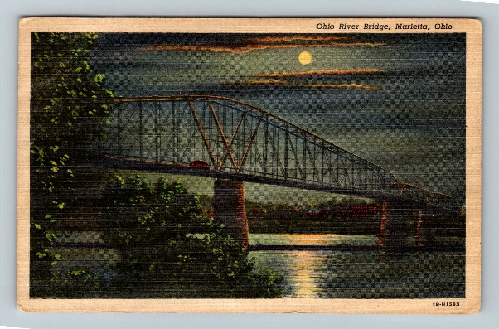 Marietta, OH-Ohio, Night View Bridge over Ohio River, Vintage Postcard