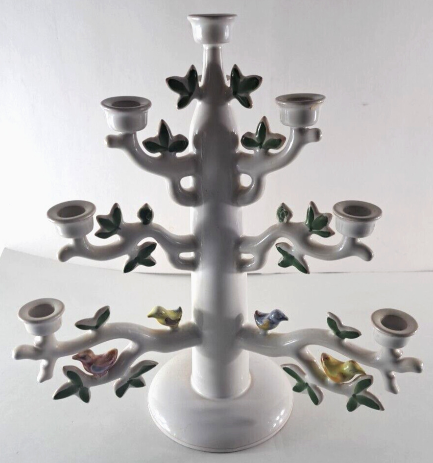 Vintage Ceramic Candelabra Tree 10 Candle Holder Birds Leaves France 14.5x12.5