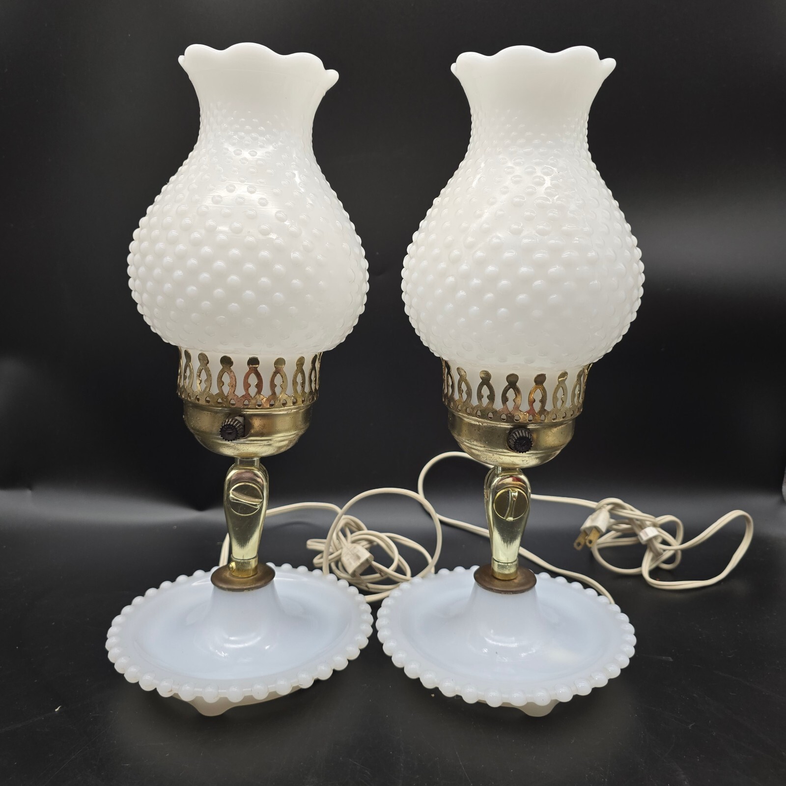 Vtg Pair Milk Glass Hobnail Hurricane Boudoir Lamps Swivel Wall Sconce Table UL Vtg Pair Milk Glass Hobnail Hurricane Boudoir Lamps Swivel Wall Sconce Table UL