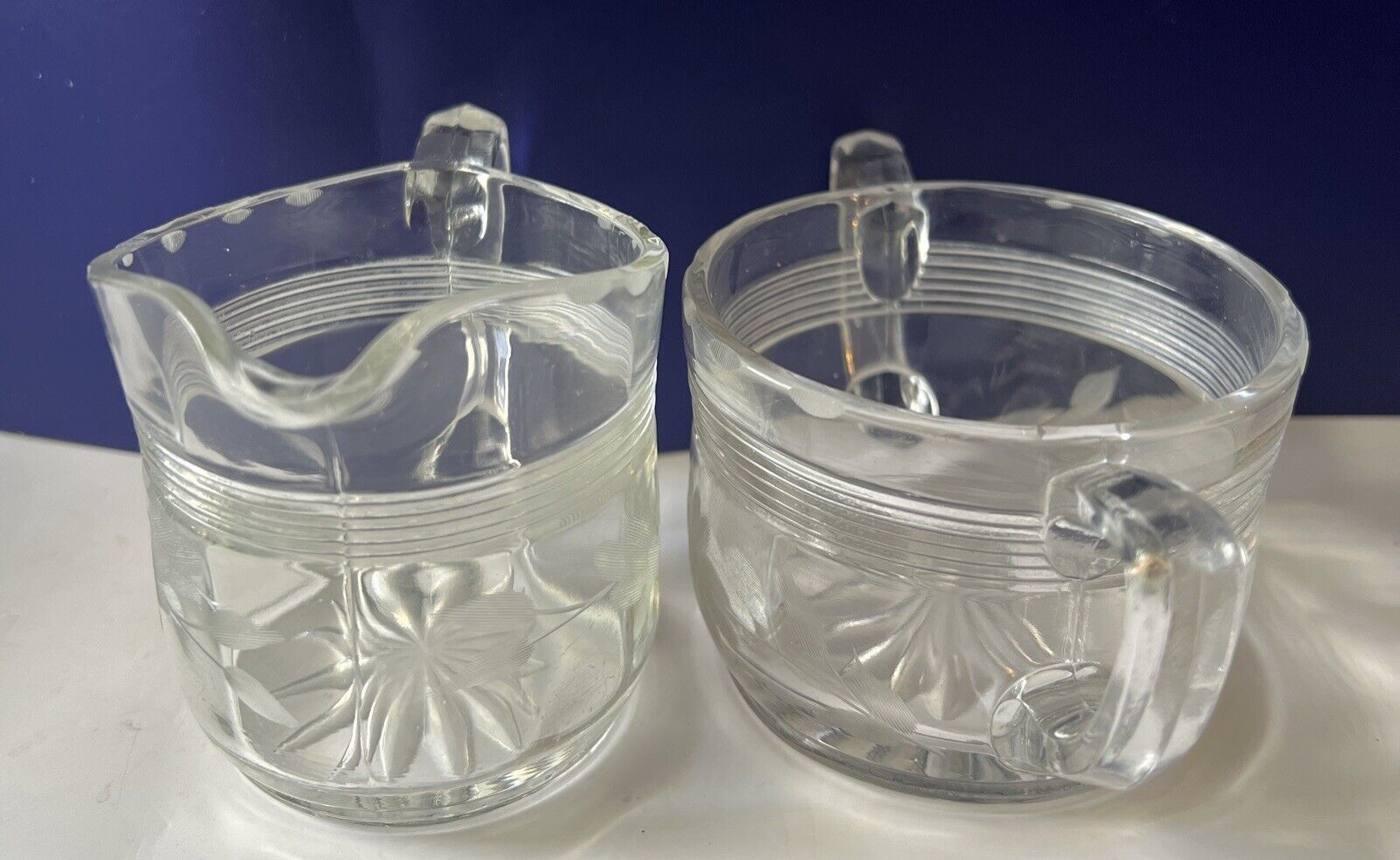 EAPG Early 1900’s Etched Glass Creamer & Sugar Bowl Florals W/Intrique Band-Rare