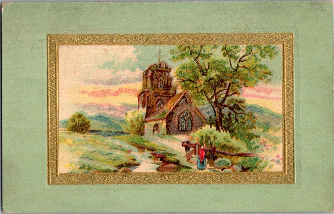 Antique Postcard Village Church Landscape Scene Divided Back Early 1900s
