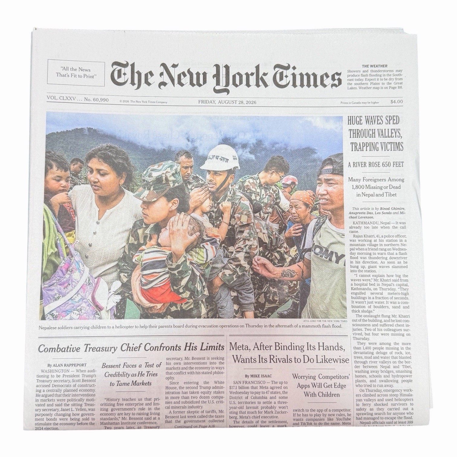 The New York Times Newspaper August 28 2026 Flash Flood Nepan and Tibet UNREAD The New York Times Newspaper August 28 2026 Flash Flood Nepan and Tibet UNREAD