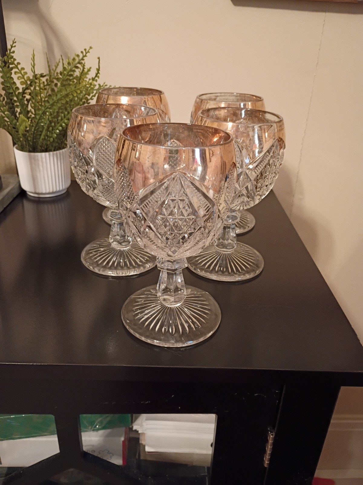 Set 5  Pennsylvania Goblet US Glass 15048 Balder Cut Glass Gold Trim Wine Water 