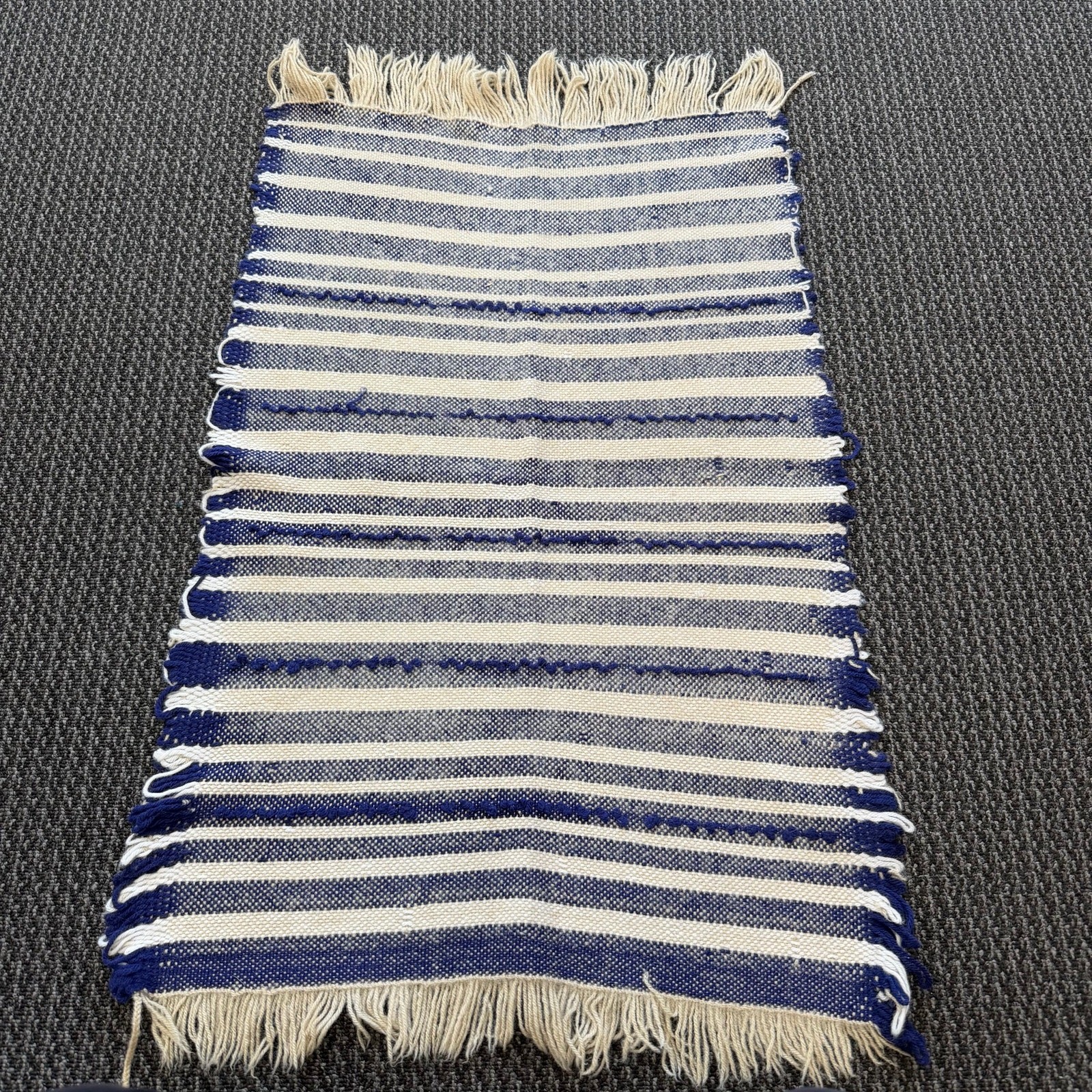 Mexican Artisan Handwoven Flatweave Rug Runner Blue Stripes Fringe 39.5\