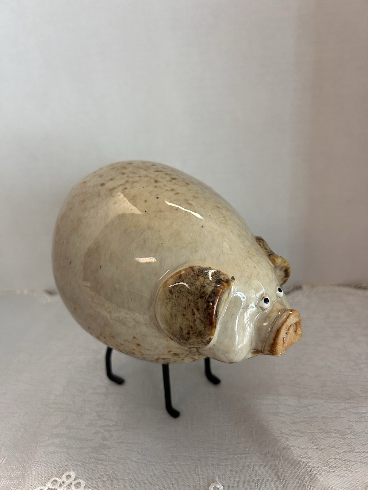 Vintage Studio Art Pottery Ceramic Pig Figurine Metal Legs Wire Tail 6.25\
