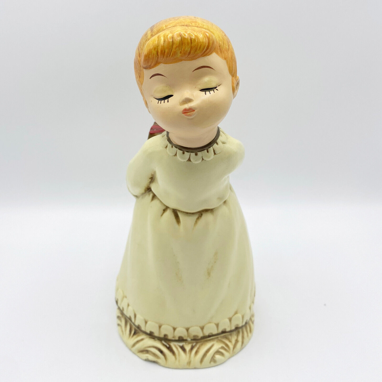 Vintage Christmas Resin Kissing Angel Figurine - Hiding Red Ribbon Wrapped Gift