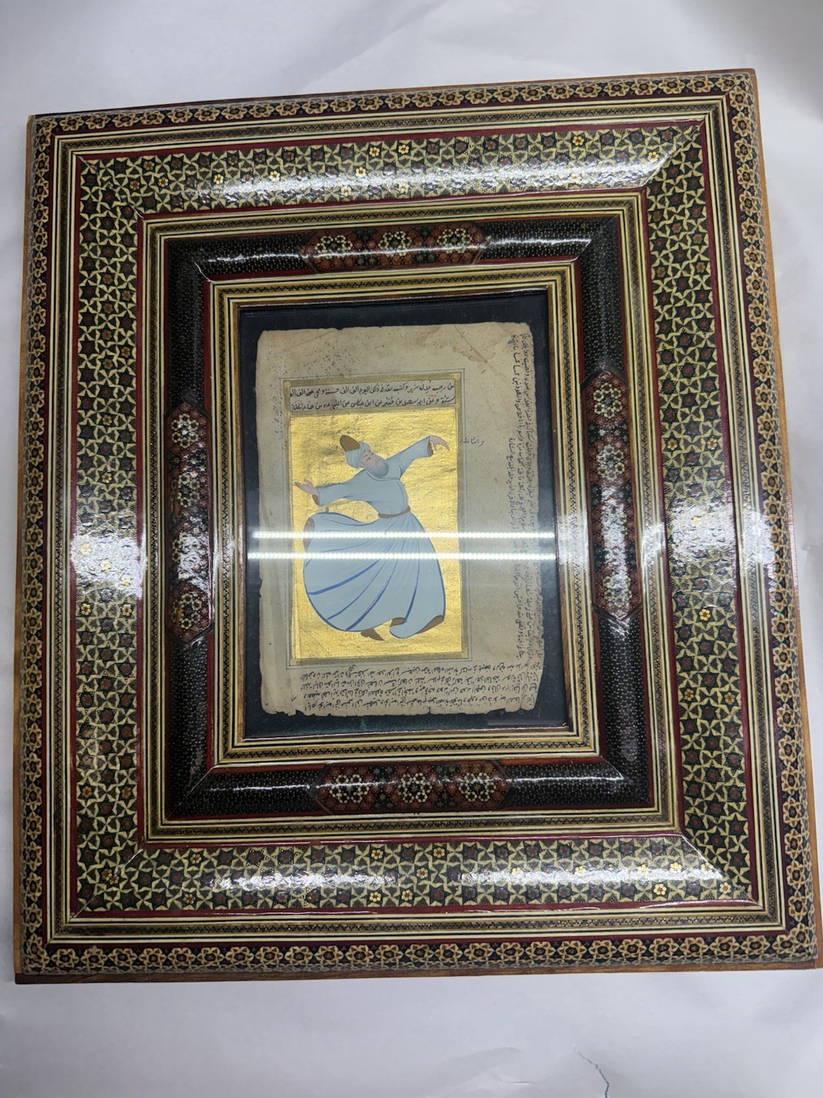 Hand Painted Dervish on Antique Arabic Manuscript Leaf Mosaic Frame