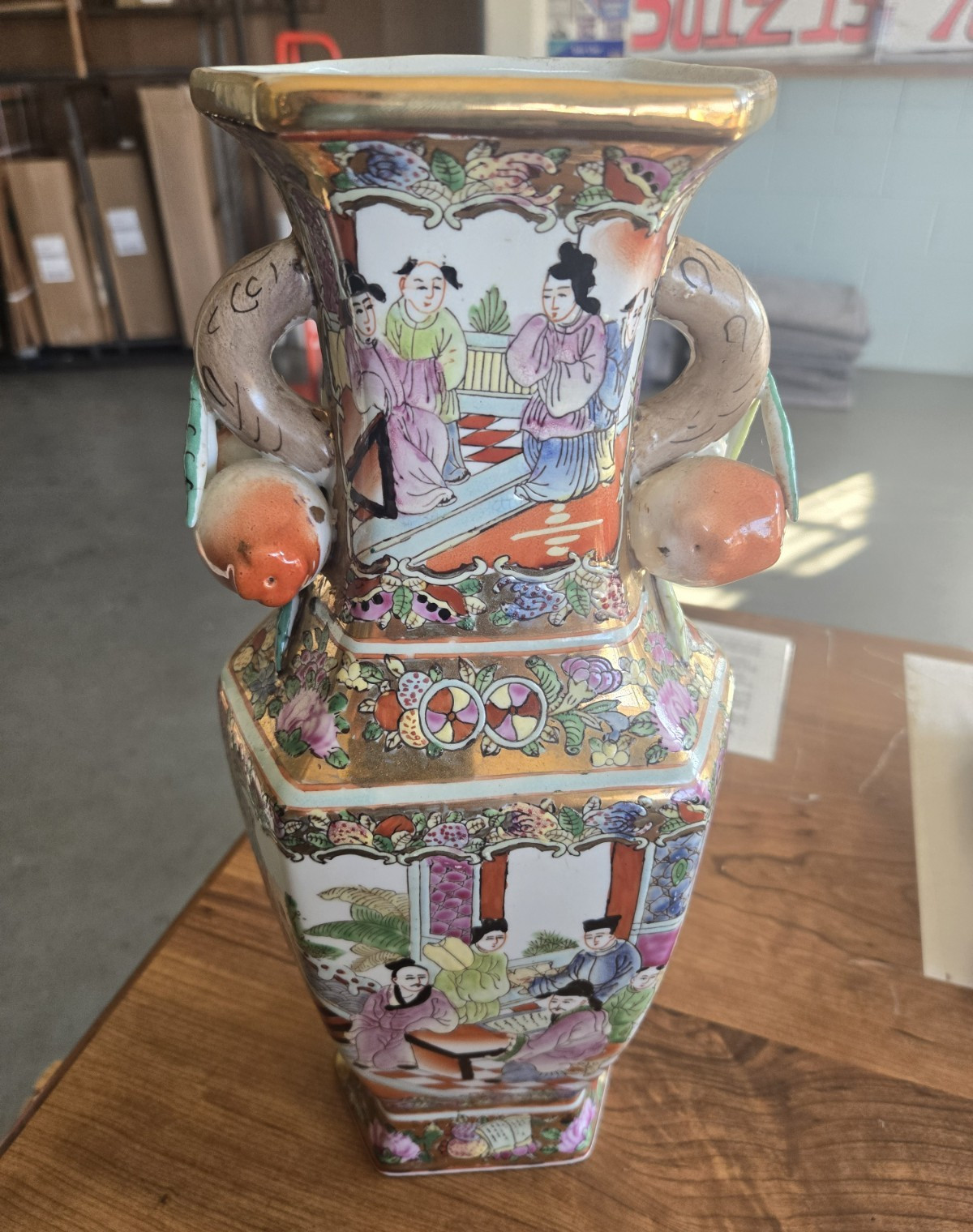 Chinese Porcelain Famille Rose Vase w/ Fruit Handles, Red Seal Marked Base