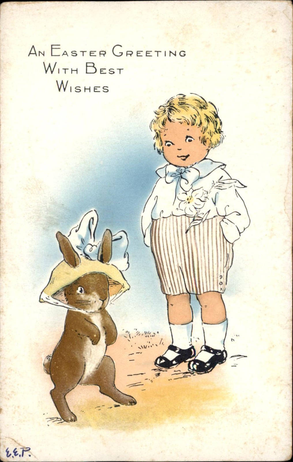 Easter Child and Bunny Rabbit Animals E.E.P. c1900s-10s Vintage Postcard