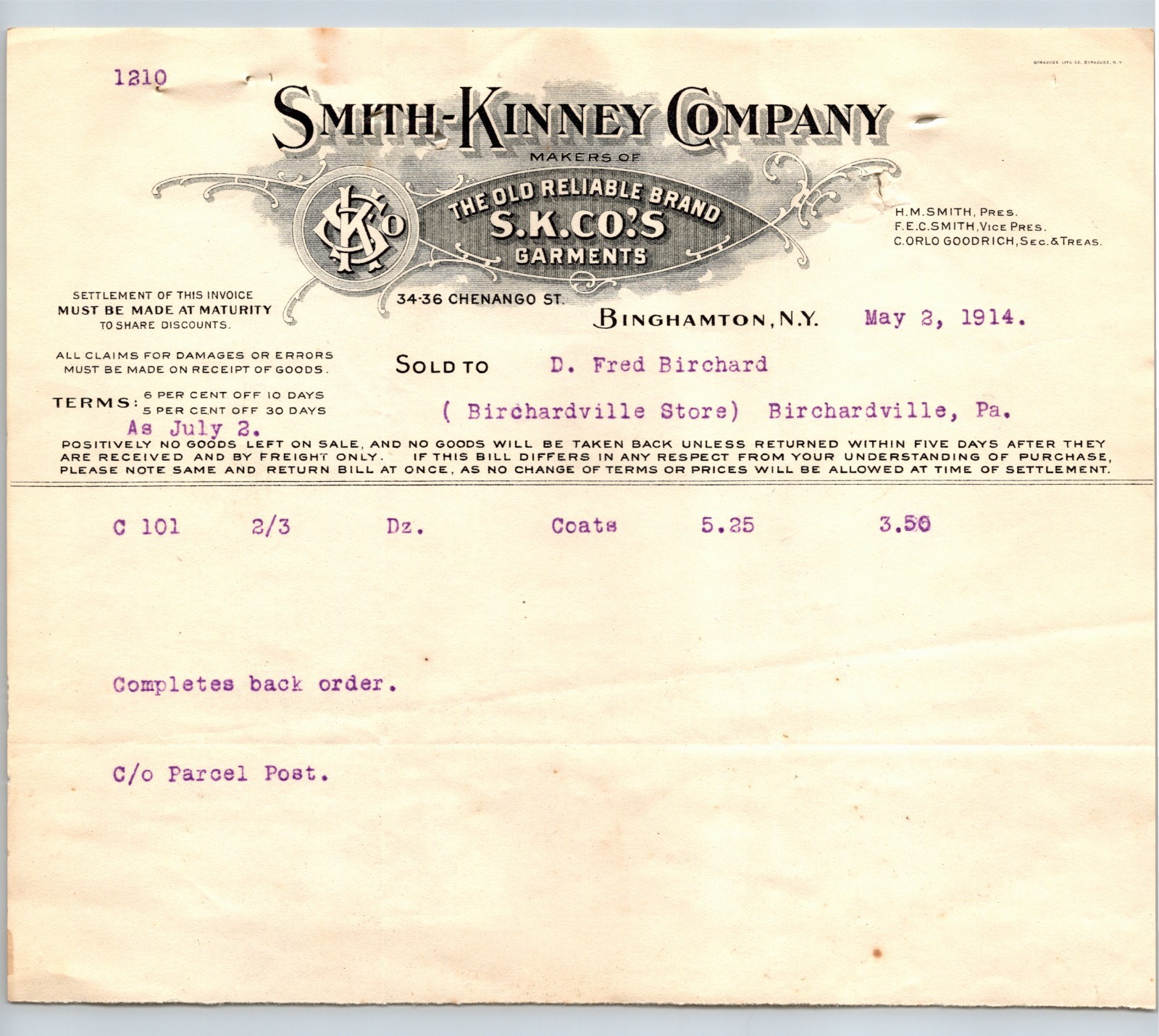 Smith-Kinney Company Invoice Makers Of Old Reliable Brand S.K.Co.\'s Garments Smith-Kinney Company Invoice Makers Of Old Reliable Brand S.K.Co.\'s Garments
