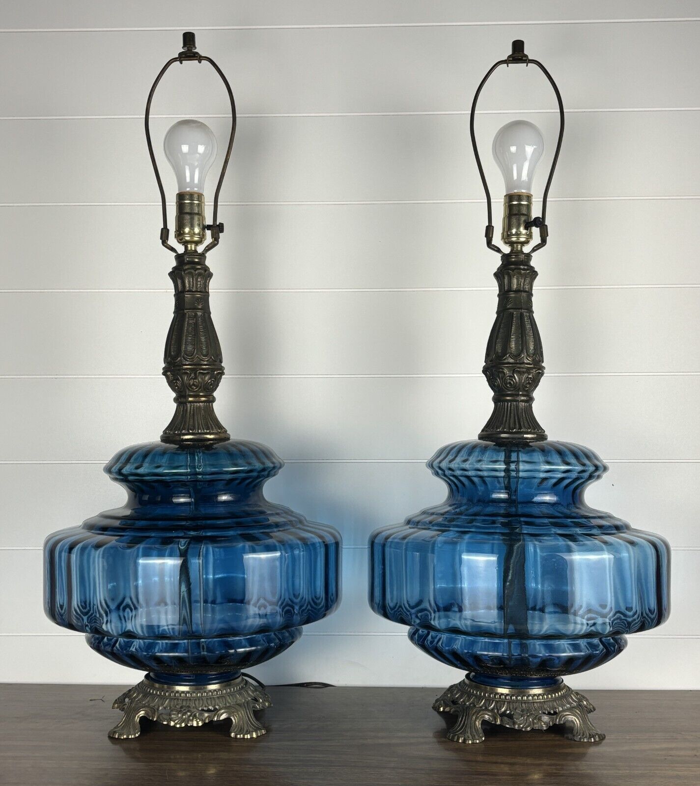 Pair Vintage MCM Blue Art Glass Table Lamps Optic Hollywood Regency Falkenstein