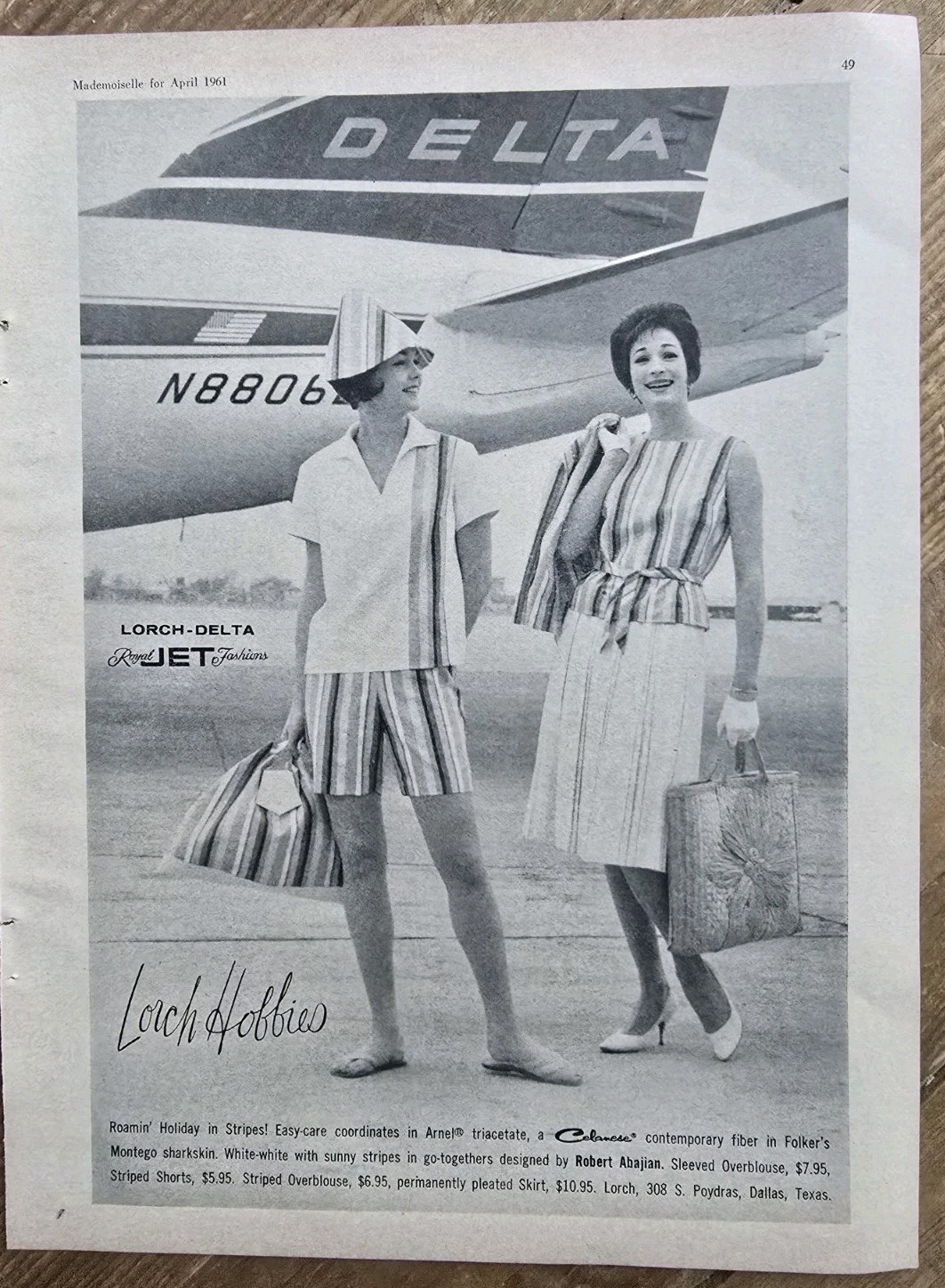 1961 Women\'s Lorch Hobbies Summer Clothing Delta AIrlines Vintage Ad 